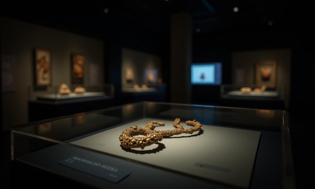 Allestimento sofisticato di una teca illuminata che espone gioielli etruschi, con didascalie digitali e illuminazione focalizzata che valorizza i reperti.